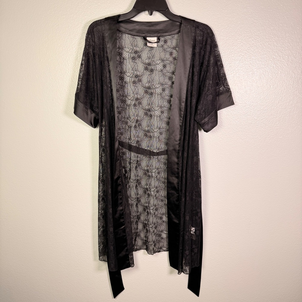 Soma Black Floral Lace Robe Satin Trim Sheer Belted Wrap Kimono Lingerie Medium - Picture 8 of 9
